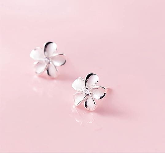 Reffeer Solid 925 Sterling Silver Plumeria Flower Stud Earrings for Women Teens Crystal Flower Stud Earrings - A-Silver thumbnail 6