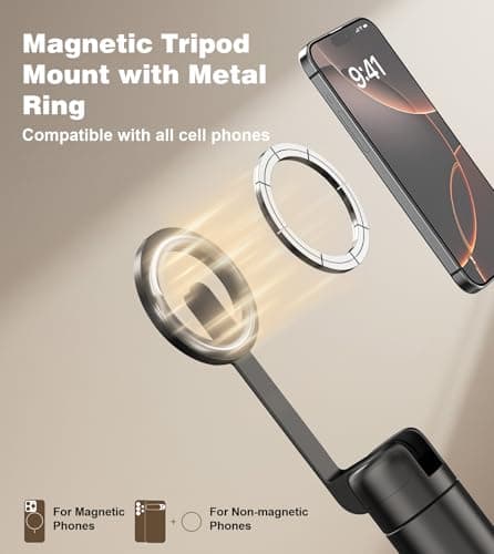 TONEOF 68" Magnetic Selfie Stick Tripod with Aluminum Strong Magnetic Holder for Magsafe, 360° Rotatable Travel Phone Tripod Stand with Metal Ring & Rechargeable Remote for iPhone/Android（Black） thumbnail 2