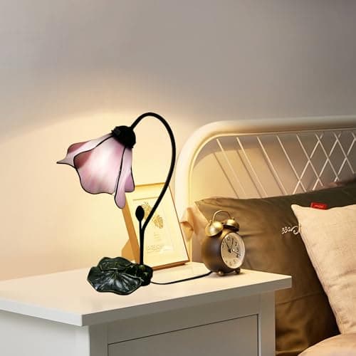 VirtueKing Tiffany Table Lamp Pink Lotus Stained Glass Lamp 8" Wide 14" Tall Bedside Table Light Desk Lamps Vintage Reading Lamp with Color Changing LED Bulb thumbnail 6
