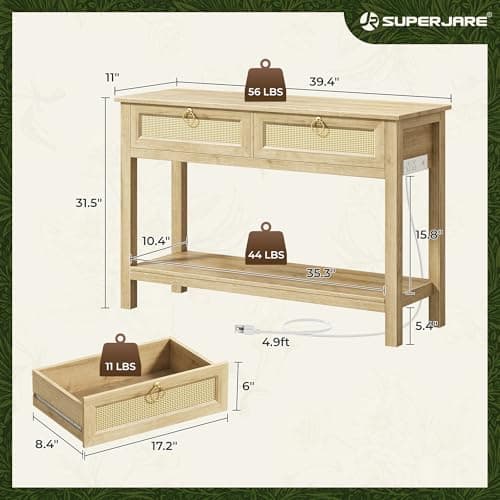 SUPERJARE Rattan Console Sofa Table with Outlets and USB-C Port, 2 Drawer Entryway Table with Synthetic Rattan Surface, 39 Inch, Open Shelf, Behind Couch Entry Foyer Hallway Storage, Natural thumbnail 2