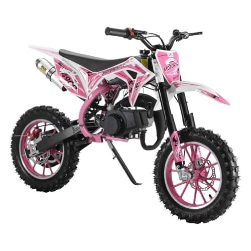 50CC Kids Dirt Bike, 2-Stroke Dirt Bike for Kids,Gas Power Motocross, Off Road Mini Motorcycle, Gas Bike Load 330Lbs Springs Soft Seat Cushion Pocket Motorbike with Front Rear Disc Brakes Pink - Image 1