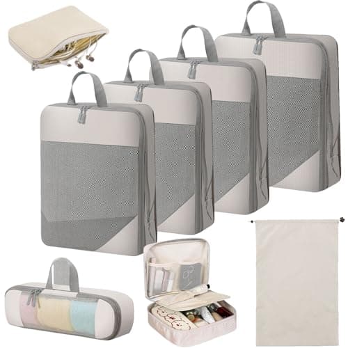 Lanmalaterra 8pcs Compression Packing Cubes Travel Packing Cubes Packing Organisers Storage Bags Clothing Sorting Packages Travel Acessories Essentials Expandable uggage-Beige - Image 1