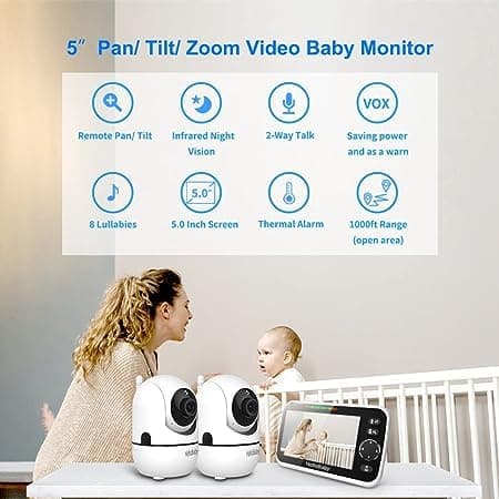 HelloBaby Upgrade 5’’ Baby Monitor with 30-Hour Battery, 2 Cameras Pan-Tilt-Zoom, 1000ft Range Video Audio Baby Monitor No WiFi, VOX, Night Vision, 2-Way Talk, 8 Lullabies and Temperature thumbnail 3