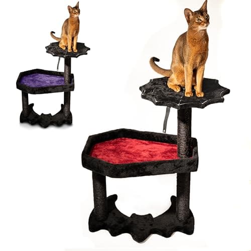 Gothic Cat Tree with Coffin Cat Bed & Spooky Cat Toys - Spooky cat Tree for Halloween cat (Large) - Black and Red