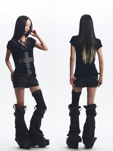TYATVS Gyaru Clothes Oversized Cross Print T-Shirt Y2k Vintage Alt Scene Emo Clothes 2000s Clothing Grunge Harajuku (Medium,Black) thumbnail 4