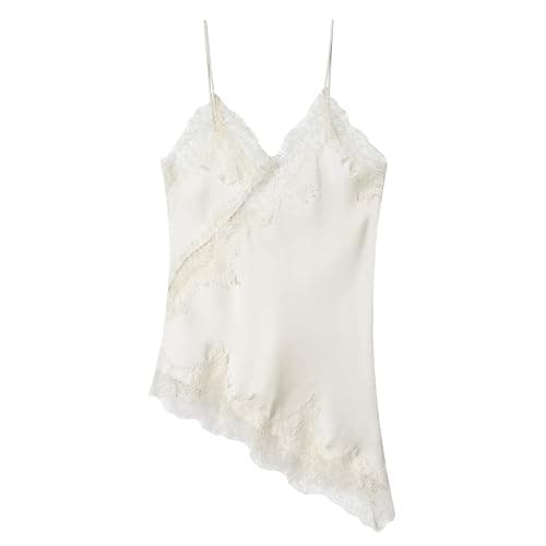 Fuimsul Women Sexy Spaghetti Strap Lace Trim Satin Tank Top Y2k Solid V Neck Backless Asymmetrical Hem Silk Cami Shirt - Image 1