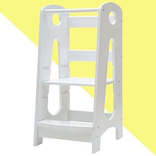 KATARUS Kitchen Step Stool for Kids and Toddlers with Safety Rail Children Standing Tower for Kitchen Counter, 3 Heights Adjustable Solid Wood Step Up Learning Stool Mother's Helper, Solid Wood, White thumbnail 3