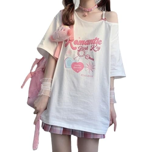 CEINOM Women Kawaii Off Shoulder T-shirt Harajuku Girl White Tops Y2k Aesthetic Cute Graphic Tees Japanese - Image 1