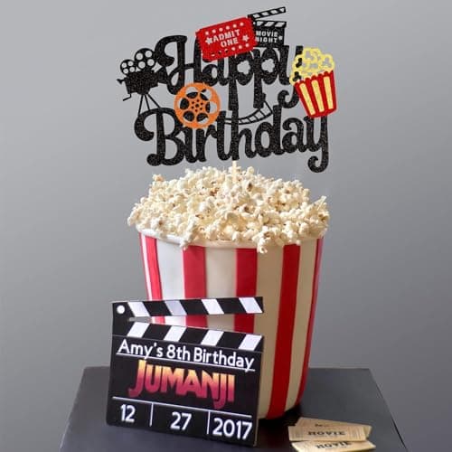 Confetti! Movie Night Cake Topper Happy Birthday Sign Cake Pick Decorations for Theater Video Recorder Roll Camera Popcorn Hollywood/Bollywood Theme Birthday Party Supplies thumbnail 5