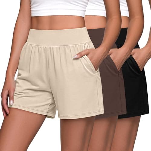 Neer 3 Pack Women's Athletic Shorts Lightweight 5'' High Waisted Elastic Wide Leg Yoga Lounge Casual Workout with Pockets(L,Black,Cream,Dark Brown) - Image 1