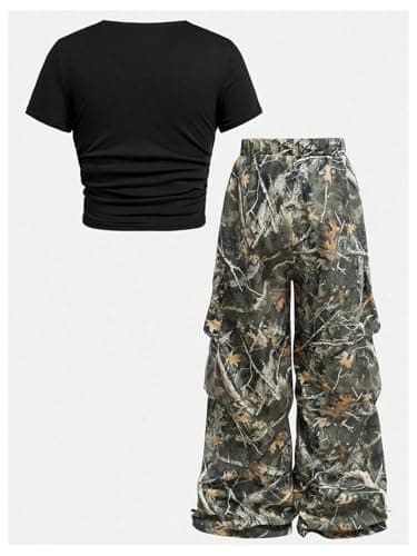 RoseSeek Girl's 2 Piece Summer Outfits Short Sleeve Ruched Basic Tess and Camo Cargo Pants Sets Trendy Black 10Y thumbnail 5
