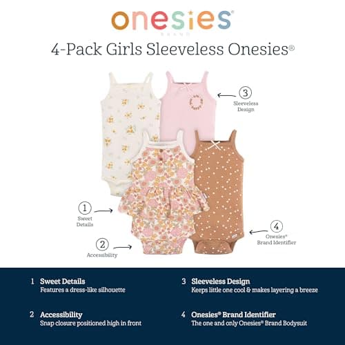 Gerber Baby Girls Multi-Pack Sleeveless Onesies Bodysuit, Retro Floral, 0-3 Months thumbnail 6