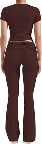 ZFLM Casual Workout Two Piece Outfits for Women Short Sleeve Crop High Waist Foldover Flare Pants Tracksuit Sets Streetwear thumbnail 4