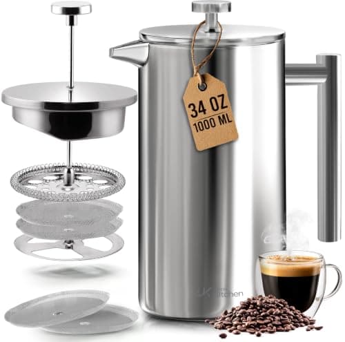 Utopia Kitchen 304 Grade Stainless Steel French Press Coffee Maker 34 Oz, Double Wall Insulated Coffee Press with 4-Level Filtration System, Include 2 Extra Filters, Rust-Free, Dishwasher Safe, Silver - Image 1