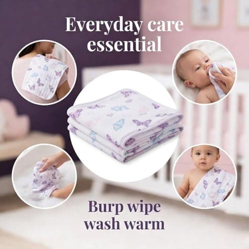 EVERYDAY KIDS 12 Pack Burp Cloths for Baby Girl; Newborn Essential with - Large Absorbent Cotton Flannel Purple/Pink Burping Cloths for Babies with Butterfly, Floral and Rainbow Prints and Solids thumbnail 8