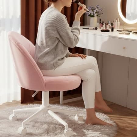 EnHomee Vanity Chair with Wheels, Pink Desk Chair with Back, Small Office Chair Armless for Makeup Room, Bedroom, Home Office thumbnail 3