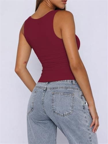 ForeFair Women's Sexy Sleeveless Tank Top Summer Going Out Top Pleated Sweetheart Neck Strap Tight Slim Fit Cute Tops(L,Burgundy) thumbnail 3