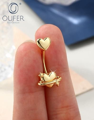 OUFER 14G Heart Belly Button Rings made of 316L Surgical Steel, Minimalist Star Gold Belly Piercing Jewelry, Romantic Navel Rings for Women thumbnail 5