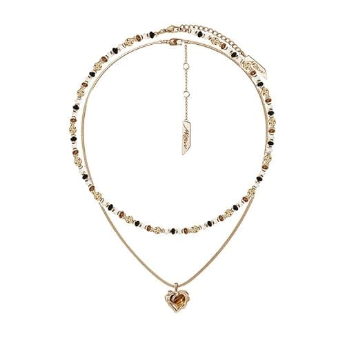 MASW Retro temperament brown beaded collarbone chain fashionable heart-shaped tiger eye stone pendant necklace personality double layer necklace exquisite women's accessories M2730001 - Image 1