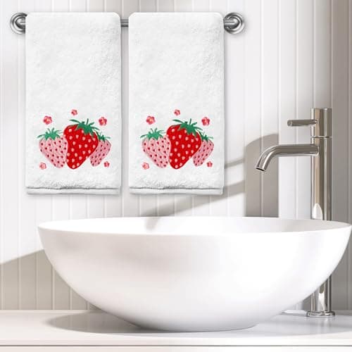 Yanhuecui Strawberry Hand Towels for Bathroom Set of 2, Strawberry Bathroom Decor, Spring Pink Cotton Soft Embroidered Towels for Kitchen Bath 14x30 Inches, Summer Decorations Hand Towels Gifts thumbnail 4