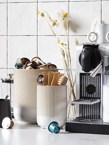 LE TAUCI Utensil Holder for Kitchen Counter, 7.3"+5.4" Fluted Ceramic Utensil Crock Organizer for Countertop, Heavy Large Holder for Spatulas, Spoons, Set of 2, Warm White Glaze thumbnail 4