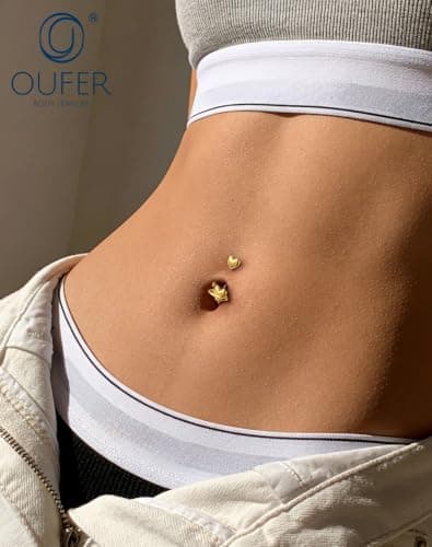 OUFER 14G Heart Belly Button Rings made of 316L Surgical Steel, Minimalist Star Gold Belly Piercing Jewelry, Romantic Navel Rings for Women thumbnail 2