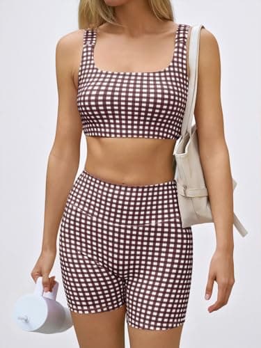 Aoysky Womens Workout Gingham 2 Piece Outfits Padded Open Back Crop Tank High Waist Sports Shorts Sets Casual Yoga Matching Sets thumbnail 6