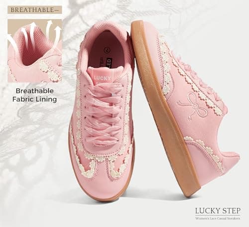 LUCKY STEP Women’s Lace Detail Casual Sneakers Organza Ribbon Lace-Up Fashion Vintage Gum Sole Trendy Cute Shoes(Pink,8) thumbnail 6