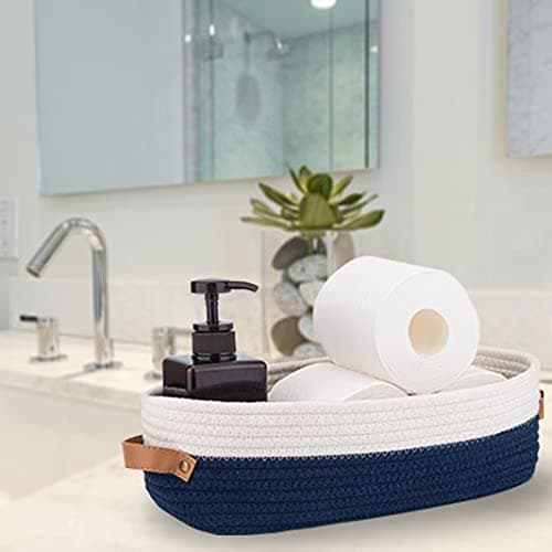 Oradrem Toilet Basket,Woven Storage Basket for Toilet Tank Top Farmhouse Home Decor Organizing Baskets 13"x5.9"x4" Navy Stitching White thumbnail 2