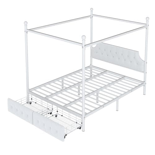 CITYLIGHT Metal Canopy Platform Bed with Upholstered Headboard, Queen Size Canopy Bed with 2 Storage Drawers (Metal, White) - White Metal - Queen thumbnail 5