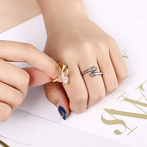 INRENG Unisex Stainless Steel Hands Embrace Open Couples Wedding Ring Romantic Love Hug Jewelry thumbnail 6