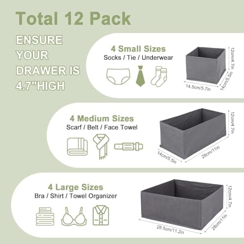 Anscher 12 Pack Grey Drawer Organiser Clothes Storage Organiser Bins,Foldable Fabric Closet Organizers.Storage Drawer Dividers for Clothes,Bra,Socks,Ties,Scarf and Towels thumbnail 6