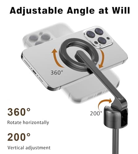 TONEOF 68" Magnetic Selfie Stick Tripod with Aluminum Strong Magnetic Holder for Magsafe, 360° Rotatable Travel Phone Tripod Stand with Metal Ring & Rechargeable Remote for iPhone/Android（Black） thumbnail 5