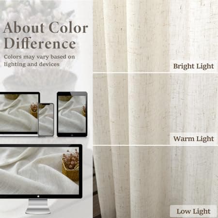 Natural Linen Back Tab Curtains 84 Inch Length for Living Room 2 Panel Pocket Drape Light Filtering Semi Sheer Neutral Country Rustic Farmhouse Boho Curtain Bedroom Muslin Look Ivory Cream Colored thumbnail 3