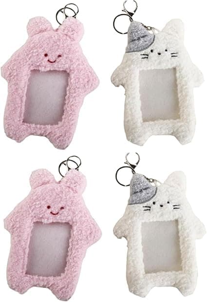 2Pcs Cute Plush Photocard Holder with Keychain, Cartoon Rabbit Cat Photo Sleeve Cartoon Plush Photo Sleeve Protective Case Photo Albums, Frames Accessories (Pink+White) thumbnail 7