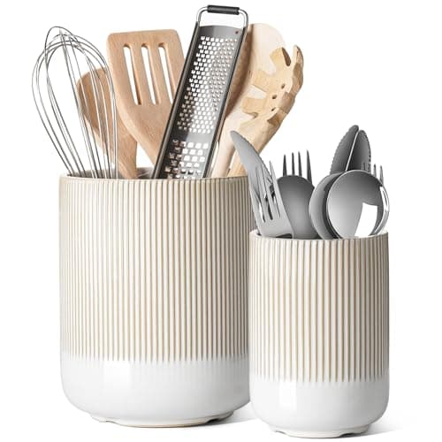 LE TAUCI Utensil Holder for Kitchen Counter, 7.3"+5.4" Fluted Ceramic Utensil Crock Organizer for Countertop, Heavy Large Holder for Spatulas, Spoons, Set of 2, Warm White Glaze - Image 1