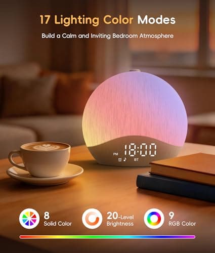 ecozy Sunrise Alarm Clock, White Noise Machine, Sound Machine for Bedroom, Wake Up Light with BT Speaker, 26 Sleep Sounds, 17 Night Lights, Dimmable Digital Clock for Adults, Kids thumbnail 7