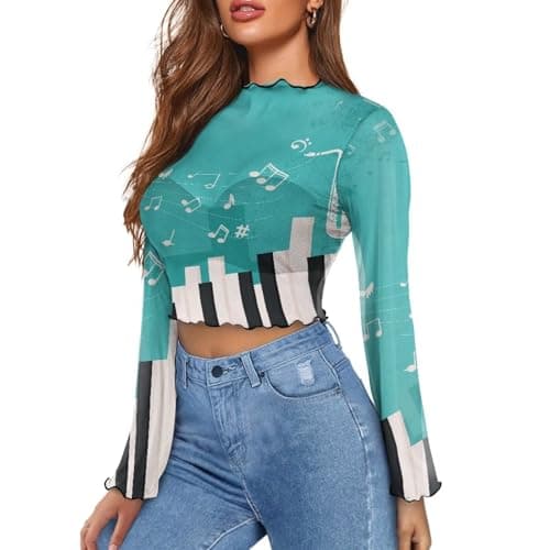 POLERO Musical Note Piano Tops for Music Lovers Teachers Womens Sheer Tops Bell Long Sleeve Mock Neck Crop Shirts Size XL thumbnail 4