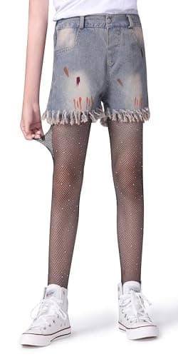 Henwarry Girls Sparkle Fishnet Stockings Children's High Waist Tights Rhinestone Hollow Out Party Pantyhose (US, Age, 7 Years, 12 Years, A01-Black) thumbnail 3