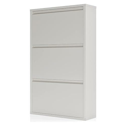 iCHENGGD Shoe Storage Cabinet with 3 Flip Drawers, Hidden Slim Narrow Shoe Rack Cabinet, Wall Mount Metal Shoe Cabinet for Entryway, White thumbnail 8