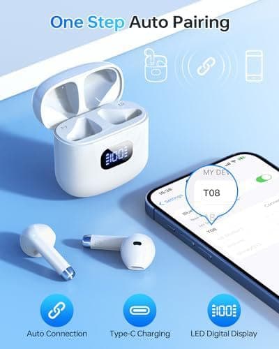 KTGEE Wireless Earbuds Bluetooth 5.3 Headphones, 40Hrs Playback Stereo Ear Buds with LED Display Charging Case IPX7 Waterproof in-Ear Earphones with Mic for Phone Tablet Laptop Sports, White - A-White thumbnail 3