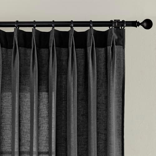SHINELAND 84 Inch Length Black Pinch Pleated Semi Sheer Curtains with Hook Set 2 Panels