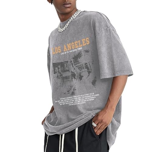 Pairxily Oversized Graphic Tshirts for Men Acid Wash Los Angeles Vintage Tees Streetwear Baggy Cotton Shirts Casual Tops(Light Gray,M) thumbnail 4
