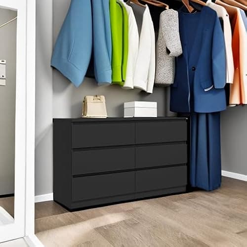 Vibe & Dine 6 Drawer Double Dresser, Modern Chest of Drawers with Wide Storage for Closet, Bedroom, Living Room, Black thumbnail 5