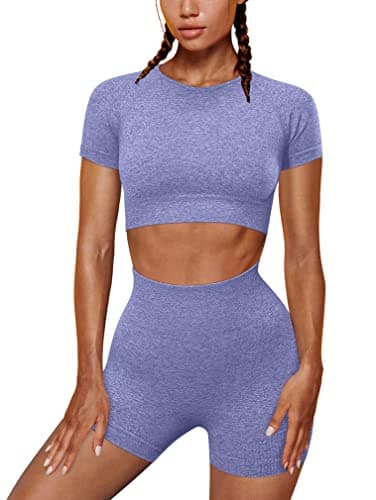 OYS Women's Yoga 2 Piece Outfits Workout Running Crop Top Seamless High Waist Sports Shorts Sets - Image 1