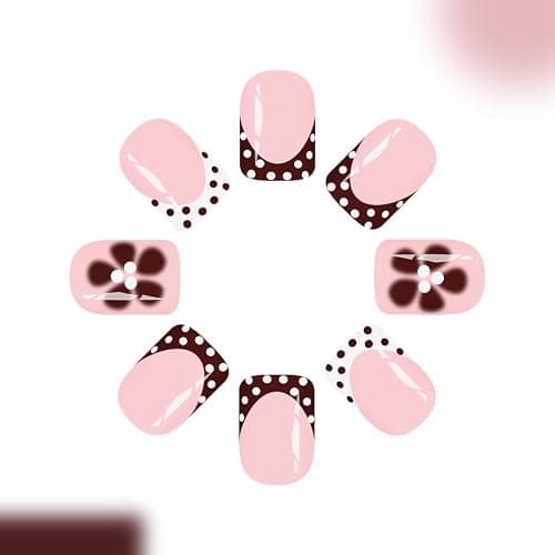 Polka Dot Press on Nails French Tip Short Square Fake Nails with Brown Flower Designs Glue on Nails White Dots False Nails for Women Manicure,Glossy | Reusable | Nail Sticky Tab | Easy Apply | 24Pcs thumbnail 5