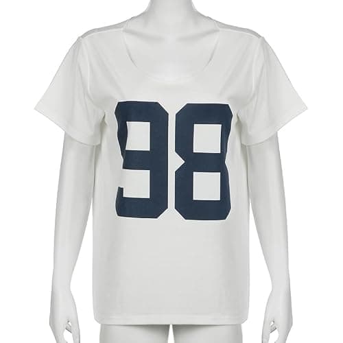 Women's Oversized Jersey Off Shoulder Shirt Crewneck Number Graphic T Shirt Y2k E-Girl Summer Going Out Tops - White - Small thumbnail 5