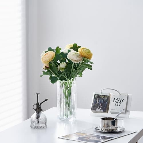 Clear Glass Flower Vase for Pampas Grass, 7.5 inch Medium Decorative Centerpiece Ribbed Vase for Dining Table, Office Desktop, Shelf Bookshelf, Mantel, Entryway, Bathroom, Countertop, Farmhouse, Gift thumbnail 2