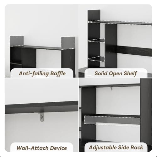 FTZxHKLX Desktop Bookshelf, Wood Desk Organizer Hutch with 3 Shelves for Computer Desk, 37.4'' Multipurpose Display Rack with Storage for College Dorm Office Home, Black thumbnail 4