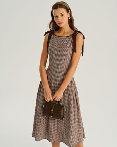 RIHOAS Women's Plaid Boat Neck A-Line Midi Dress - Casual Vintage Plaid Dress for Women thumbnail 5